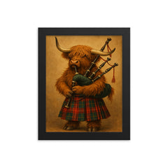 A Scottish Highland Cow wearing a tartan kilt and playing the bagpipes framed print on a plain backdrop in size 8"x10".