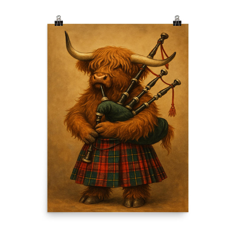 A Scottish Highland Cow wearing a tartan kilt and playing the bagpipes poster on a plain backdrop in size 8