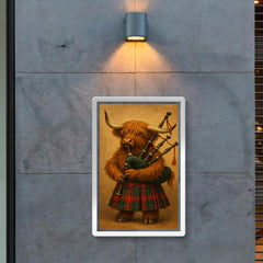 A Scottish Highland Cow wearing a tartan kilt and playing the bagpipes poster 2
