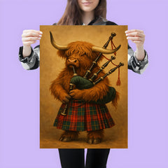A Scottish Highland Cow wearing a tartan kilt and playing the bagpipes poster 3