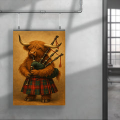 A Scottish Highland Cow wearing a tartan kilt and playing the bagpipes poster 4