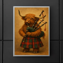 A Scottish Highland Cow wearing a tartan kilt and playing the bagpipes poster 5