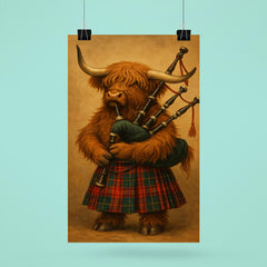 A Scottish Highland Cow wearing a tartan kilt and playing the bagpipes poster 6