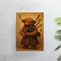 A Scottish Highland Cow wearing a tartan kilt and playing the bagpipes poster 7