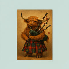 A Scottish Highland Cow wearing a tartan kilt and playing the bagpipes poster 8