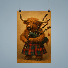 A Scottish Highland Cow wearing a tartan kilt and playing the bagpipes poster 9