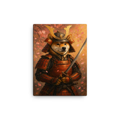 A Shiba Inu in full samurai armor holding a katana with cherry blossoms falling canvas print on a plain backdrop in size 12"x16".