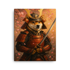 A Shiba Inu in full samurai armor holding a katana with cherry blossoms falling canvas print on a plain backdrop in size 16"x20".