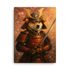 A Shiba Inu in full samurai armor holding a katana with cherry blossoms falling canvas print on a plain backdrop in size 18"x24".