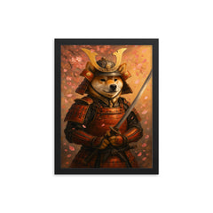 A Shiba Inu in full samurai armor holding a katana with cherry blossoms falling framed print on a plain backdrop in size 12"x16".