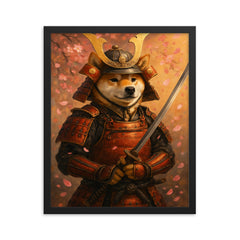 A Shiba Inu in full samurai armor holding a katana with cherry blossoms falling framed print on a plain backdrop in size 16"x20".