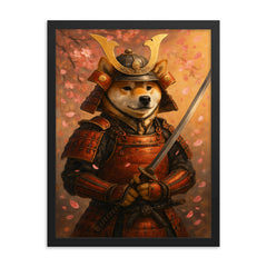 A Shiba Inu in full samurai armor holding a katana with cherry blossoms falling framed print on a plain backdrop in size 18"x24".