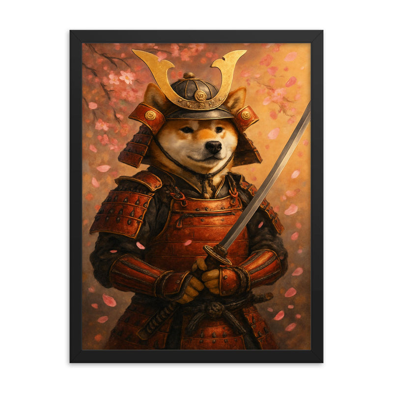 A Shiba Inu in full samurai armor holding a katana with cherry blossoms falling framed print on a plain backdrop in size 18
