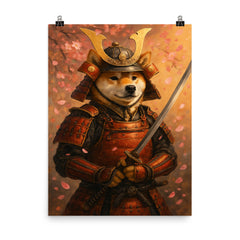 A Shiba Inu in full samurai armor holding a katana with cherry blossoms falling poster on a plain backdrop in size 8"x10".