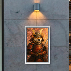 A Shiba Inu in full samurai armor holding a katana with cherry blossoms falling poster 2