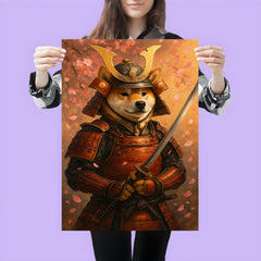A Shiba Inu in full samurai armor holding a katana with cherry blossoms falling poster 3