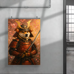 A Shiba Inu in full samurai armor holding a katana with cherry blossoms falling poster 4