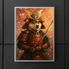 A Shiba Inu in full samurai armor holding a katana with cherry blossoms falling poster 5