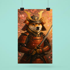 A Shiba Inu in full samurai armor holding a katana with cherry blossoms falling poster 6