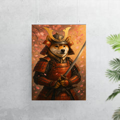 A Shiba Inu in full samurai armor holding a katana with cherry blossoms falling poster 7