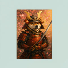 A Shiba Inu in full samurai armor holding a katana with cherry blossoms falling poster 8