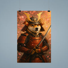 A Shiba Inu in full samurai armor holding a katana with cherry blossoms falling poster 9