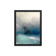 A Ship in the Stormy Sea by Ivan Aivazovsky, 1887 framed print on a plain backdrop in size 12"x16".