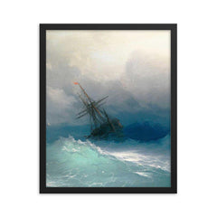 A Ship in the Stormy Sea by Ivan Aivazovsky, 1887 framed print on a plain backdrop in size 16"x20".