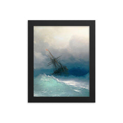 A Ship in the Stormy Sea by Ivan Aivazovsky, 1887 framed print on a plain backdrop in size 8"x10".