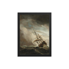 A Ship on the High Seas Caught by a Squall, Known as ‘The Gust’ by Willem van de Velde II, c. 1680 framed print on a plain backdrop in size 12"x16".