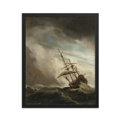 A Ship on the High Seas Caught by a Squall, Known as ‘The Gust’ by Willem van de Velde II, c. 1680 framed print on a plain backdrop in size 16"x20".