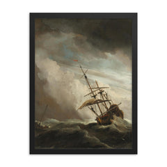 A Ship on the High Seas Caught by a Squall, Known as ‘The Gust’ by Willem van de Velde II, c. 1680 framed print on a plain backdrop in size 18"x24".