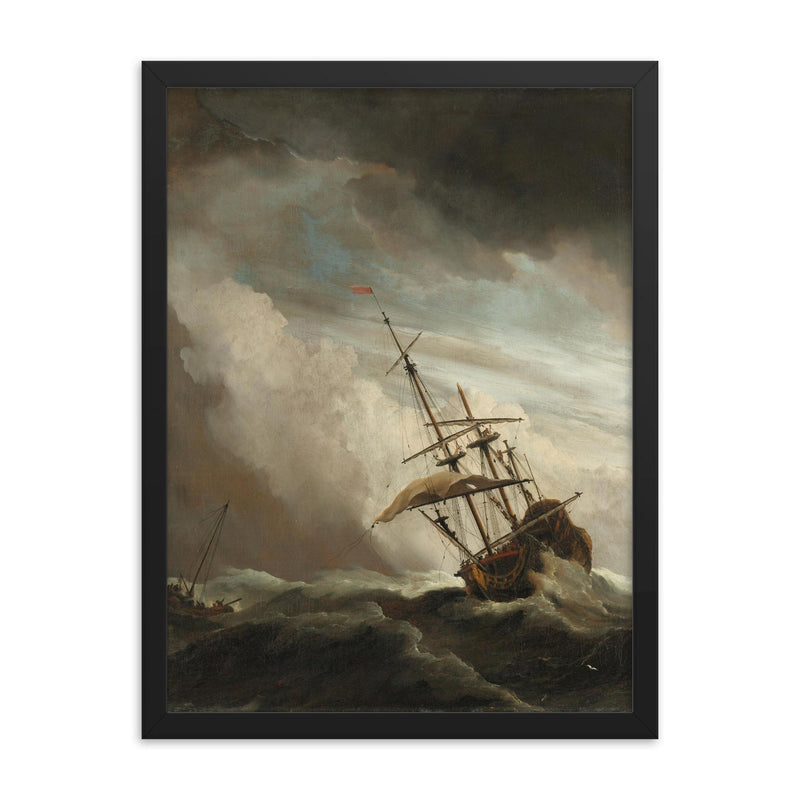 A Ship on the High Seas Caught by a Squall, Known as ‘The Gust’ by Willem van de Velde II, c. 1680 framed print on a plain backdrop in size 18