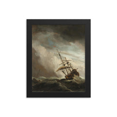 A Ship on the High Seas Caught by a Squall, Known as ‘The Gust’ by Willem van de Velde II, c. 1680 framed print on a plain backdrop in size 8"x10".