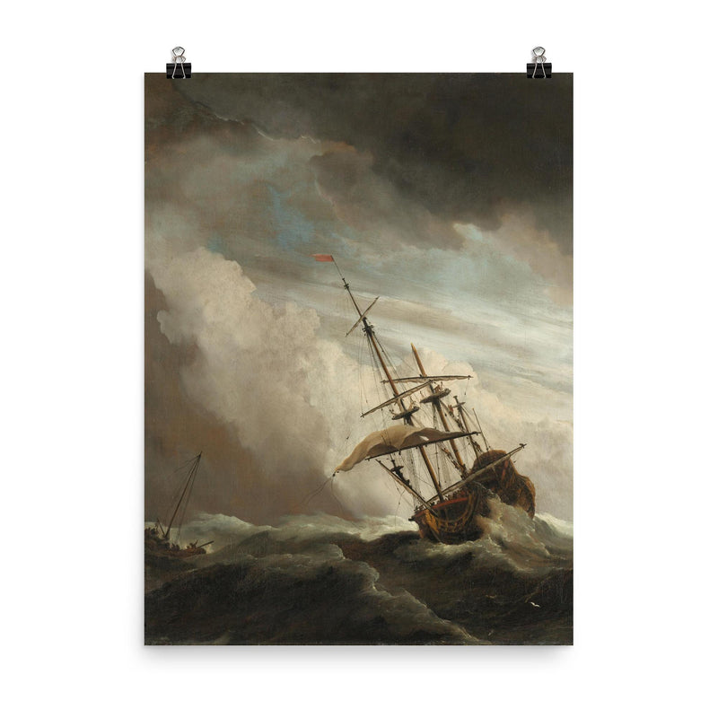 A Ship on the High Seas Caught by a Squall, Known as ‘The Gust’ by Willem van de Velde II, c. 1680 poster on a plain backdrop in size 8