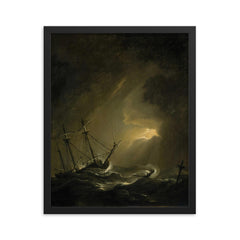 A Small Dutch Ship Riding Out A Storm by Willem van de Velde the Younger framed print on a plain backdrop in size 16"x20".