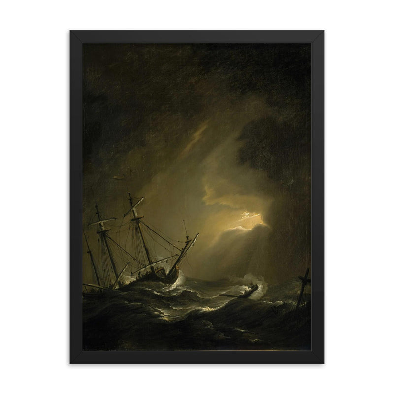 A Small Dutch Ship Riding Out A Storm by Willem van de Velde the Younger framed print on a plain backdrop in size 18