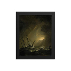 A Small Dutch Ship Riding Out A Storm by Willem van de Velde the Younger framed print on a plain backdrop in size 8"x10".