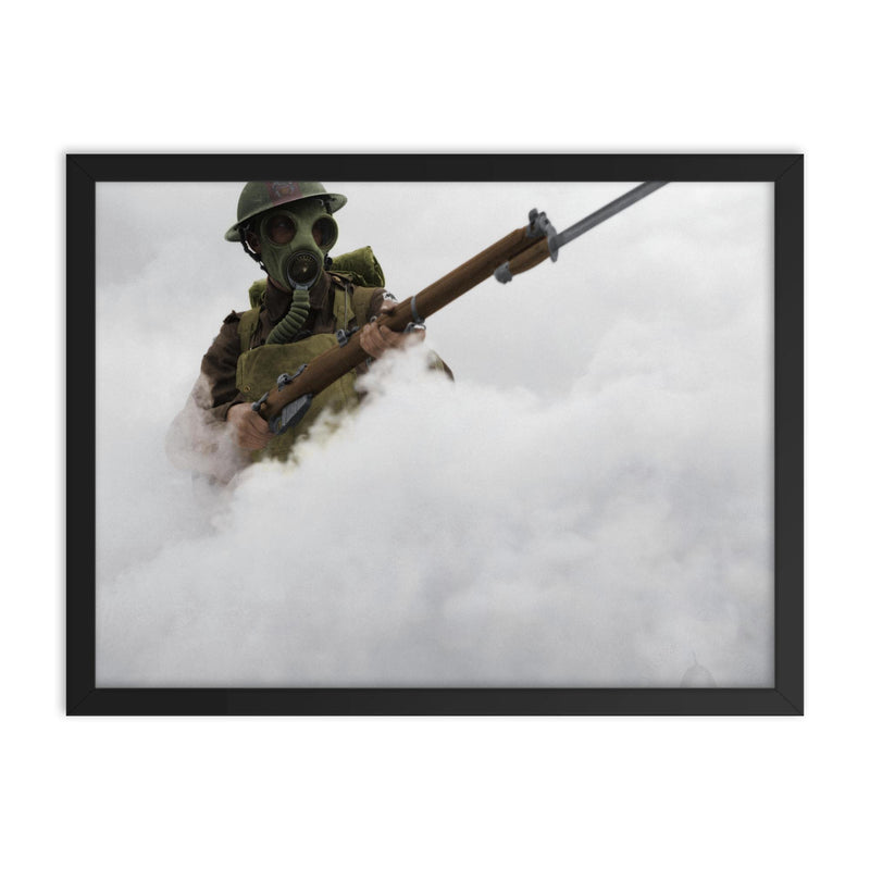 A Soldier from the Hampshire Regiment in Smoke During Chemical Weapon Training, 1941 framed print on a plain backdrop in size 18