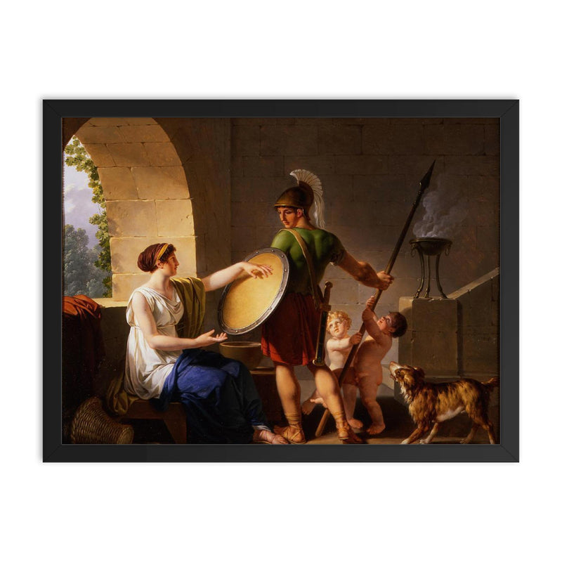 A Spartan Woman Giving a Shield to Her Son by Jean-Jacques-François Le Barbier framed print on a plain backdrop in size 18
