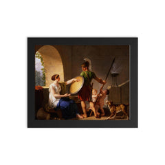 A Spartan Woman Giving a Shield to Her Son by Jean-Jacques-François Le Barbier framed print on a plain backdrop in size 8"x10".