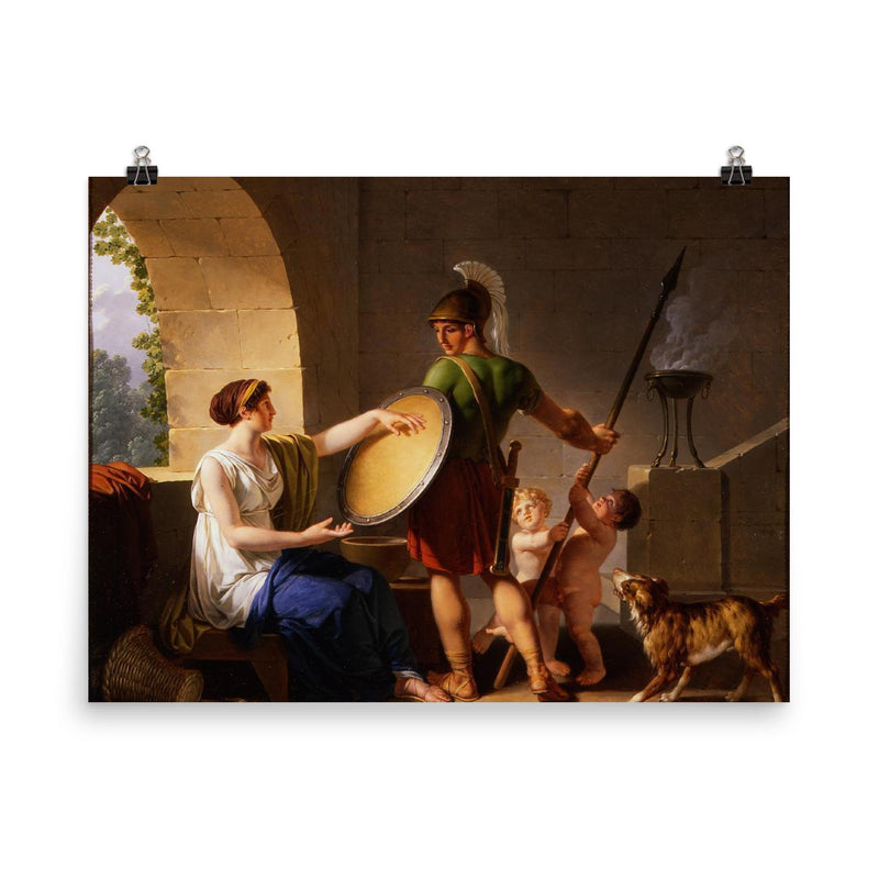 A Spartan Woman Giving a Shield to Her Son by Jean-Jacques-François Le Barbier poster on a plain backdrop in size 8