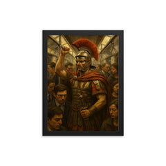 A stoic Roman legionary commuting on a crowded modern subway train framed print on a plain backdrop in size 12"x16".