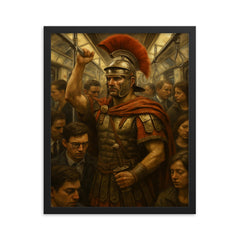 A stoic Roman legionary commuting on a crowded modern subway train framed print on a plain backdrop in size 16"x20".