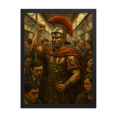 A stoic Roman legionary commuting on a crowded modern subway train framed print on a plain backdrop in size 18"x24".