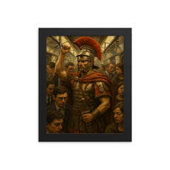 A stoic Roman legionary commuting on a crowded modern subway train framed print on a plain backdrop in size 8"x10".