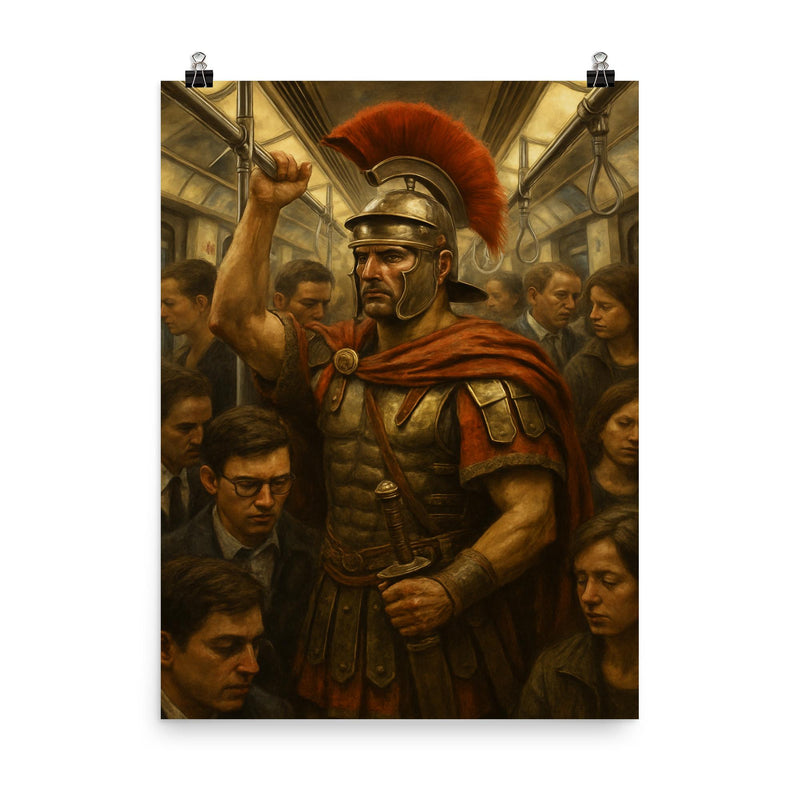 A stoic Roman legionary commuting on a crowded modern subway train poster on a plain backdrop in size 8