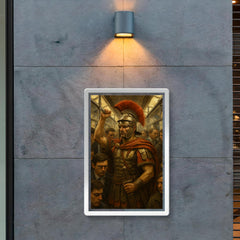 A stoic Roman legionary commuting on a crowded modern subway train poster 2