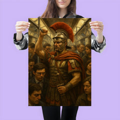 A stoic Roman legionary commuting on a crowded modern subway train poster 3