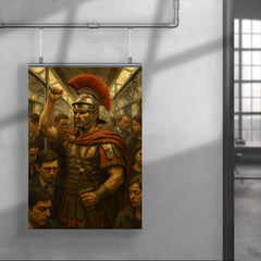 A stoic Roman legionary commuting on a crowded modern subway train poster 4